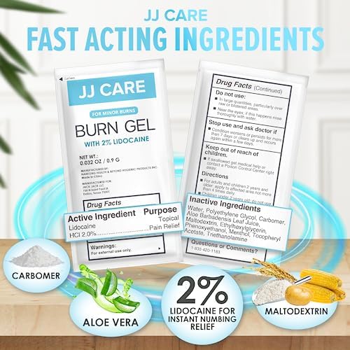 Gel para Quemaduras JJ CARE (Paquete de 160), Gel Calmante para Quemaduras Menores, Paquetes Individuales de ros Auxilios con Lidocaína y Aloe Vera - imagen 2