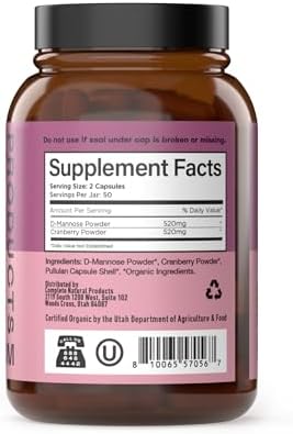 Cápsulas Orgánicas de D-Mannosa y Arándano Completo Natural Products 520mg | 100 Contenido | Soporte UT a Base de Plantas | Vegano, No GMO, Kosher, - imagen 3