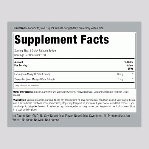 Suplemento de Luteína y Zeaxantina Piping Rock | 20mg | 180 Softgels | Extracto de Caléndula | Sin OGM, Libre de Gluten - imagen 2
