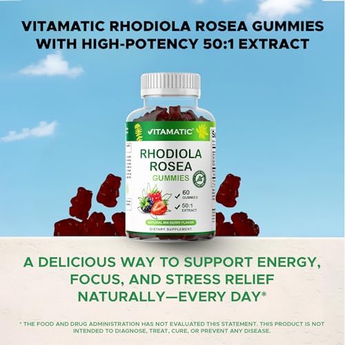 Gomitas Vitamatic de Rhodiola Rosea – Extracto a base de plantas sin azúcar – Sabor frutos rojos – Veganas, No GMO – Suplemento adaptógeno – 60 piezas - imagen 3