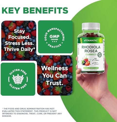 Gomitas Vitamatic de Rhodiola Rosea – Extracto a base de plantas sin azúcar – Sabor frutos rojos – Veganas, No GMO – Suplemento adaptógeno – 60 piezas - imagen 4