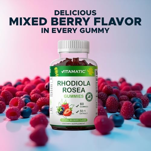 Gomitas Vitamatic de Rhodiola Rosea – Extracto a base de plantas sin azúcar – Sabor frutos rojos – Veganas, No GMO – Suplemento adaptógeno – 60 piezas - imagen 6