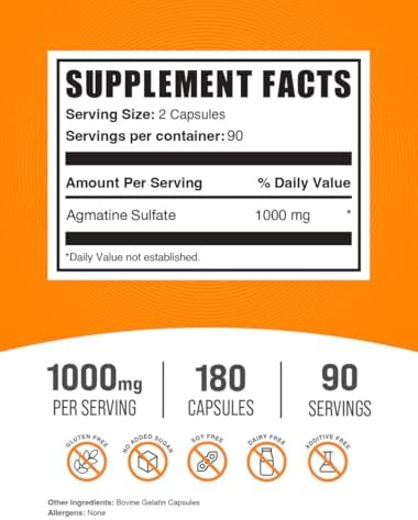 Cápsulas de Sulfato de Agmatina BulkSupplements.com - Suplemento de Óxido Nítrico, Sin Gluten, 2 Cápsulas por Porción, 180 Contenido (Paquete de 1) - imagen 2