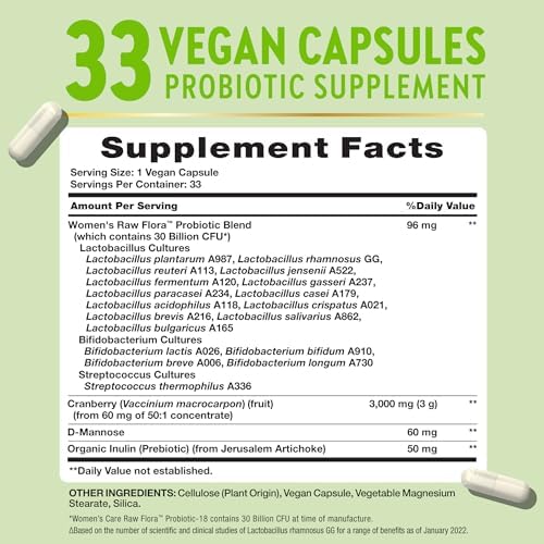 Probióticos Raw Flora para Mujeres | 30 Mil millones de UFC | 33 Cápsulas | con Arándano y D-Mannosa | Suplemento Vegano, No OGM y Sin Gluten - imagen 2