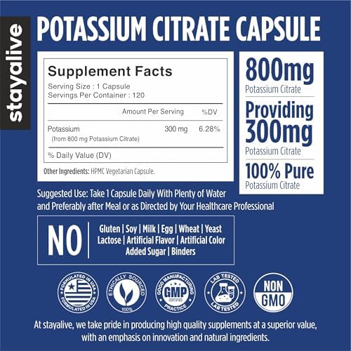 Suplemento de Citrato de Potasio STAY ALIVE, Alta Absorción 800mg, 120 Cápsulas, Suministro para 4 Meses, No GMO y Libre de Gluten para Hombres y - imagen 2