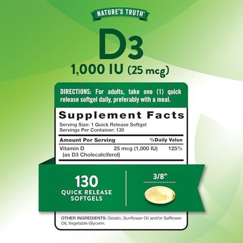 Nature's Truth Vitamina D3 1000 IU Softgels | Fórmula de Alta Potencia | 25 mcg | Suplemento No Transgénico y Libre de Gluten - imagen 2