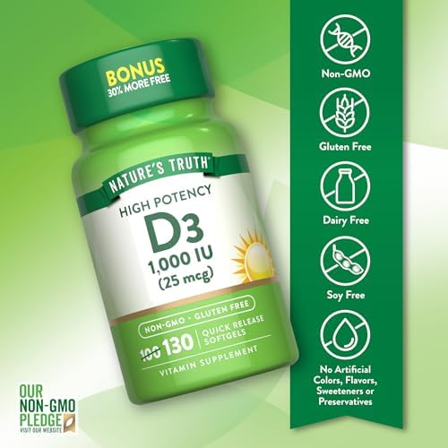 Nature's Truth Vitamina D3 1000 IU Softgels | Fórmula de Alta Potencia | 25 mcg | Suplemento No Transgénico y Libre de Gluten - imagen 3
