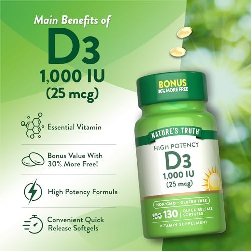 Nature's Truth Vitamina D3 1000 IU Softgels | Fórmula de Alta Potencia | 25 mcg | Suplemento No Transgénico y Libre de Gluten - imagen 5