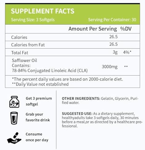 Vicwell CLA 3000mg Softgels – Ácido Linoleico Conjugado con Aceite de Cártamo – Suplemento para Control de Peso – Libre de Gluten – 90 Softgels - imagen 8