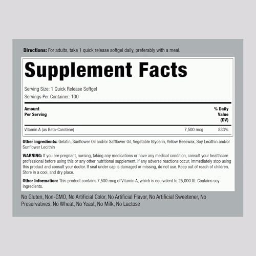 Piping Rock Beta Caroteno 25000 UI Softgels | 7500 mcg | 100 Cápsulas | Suplemento de Vitamina A | No GMO, Sin Gluten - imagen 2