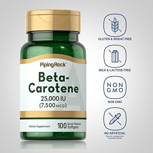 Piping Rock Beta Caroteno 25000 UI Softgels | 7500 mcg | 100 Cápsulas | Suplemento de Vitamina A | No GMO, Sin Gluten - imagen 3