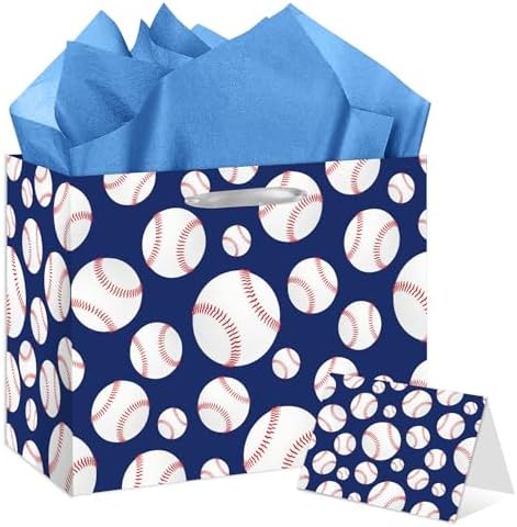 Bolsa de Regalo Grande YXYASR para Béisbol con Papel de Seda y Tarjeta - Envoltura de Regalo Temática Deportiva Azul Marino y Blanca (30x24x13 cm) - - imagen 1