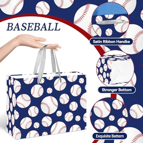 Bolsa de Regalo Grande YXYASR para Béisbol con Papel de Seda y Tarjeta - Envoltura de Regalo Temática Deportiva Azul Marino y Blanca (30x24x13 cm) - - imagen 3