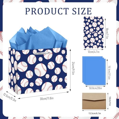Bolsa de Regalo Grande YXYASR para Béisbol con Papel de Seda y Tarjeta - Envoltura de Regalo Temática Deportiva Azul Marino y Blanca (30x24x13 cm) - - imagen 4