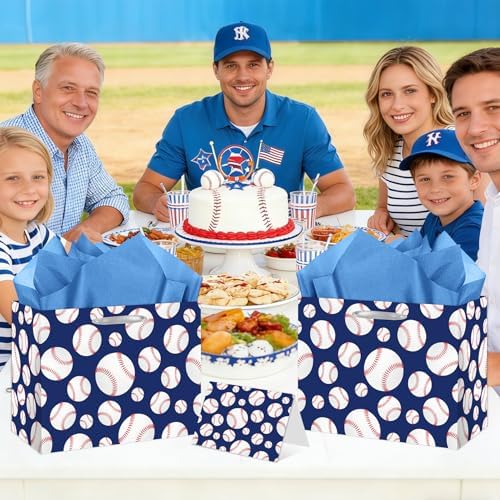 Bolsa de Regalo Grande YXYASR para Béisbol con Papel de Seda y Tarjeta - Envoltura de Regalo Temática Deportiva Azul Marino y Blanca (30x24x13 cm) - - imagen 5