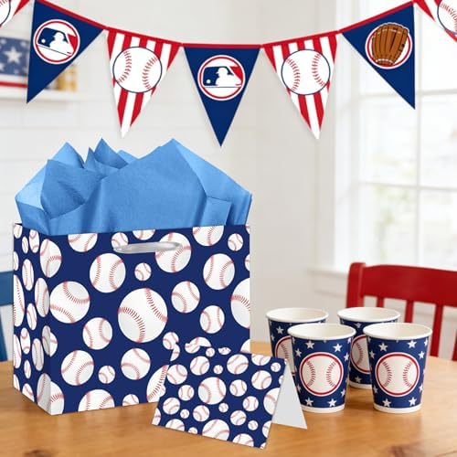 Bolsa de Regalo Grande YXYASR para Béisbol con Papel de Seda y Tarjeta - Envoltura de Regalo Temática Deportiva Azul Marino y Blanca (30x24x13 cm) - - imagen 6