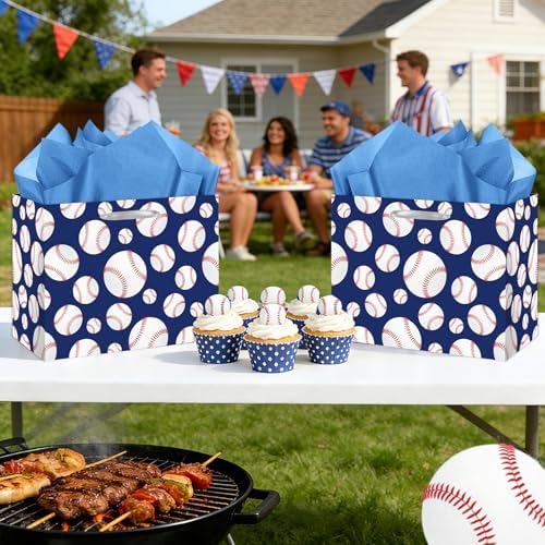 Bolsa de Regalo Grande YXYASR para Béisbol con Papel de Seda y Tarjeta - Envoltura de Regalo Temática Deportiva Azul Marino y Blanca (30x24x13 cm) - - imagen 7