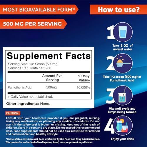 Vitamatic Ácido Pantoténico en Polvo Puro 500 mg por Porción - 100 Gramos - También Conocido como Vitamina B5 - 200 Porciones - imagen 2