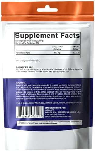 Vitamatic Ácido Pantoténico en Polvo Puro 500 mg por Porción - 100 Gramos - También Conocido como Vitamina B5 - 200 Porciones - imagen 8
