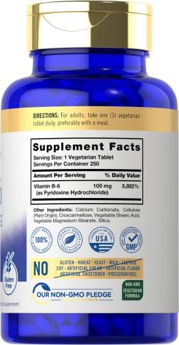 Carlyle Vitamina B6 100mg | 250 Tabletas | Suplemento de Piridoxina Hidrocloruro | Vegetariano, Sin OGM, Sin Gluten - imagen 2