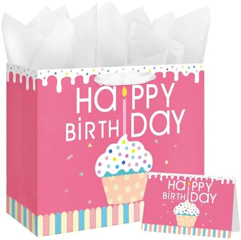 Bolsa de Regalo Laidans de 13 para Cumpleaños con Papel de Seda y Tarjeta para Niñas, Mujeres y Niños (Diseño de Cupcake) - imagen 1