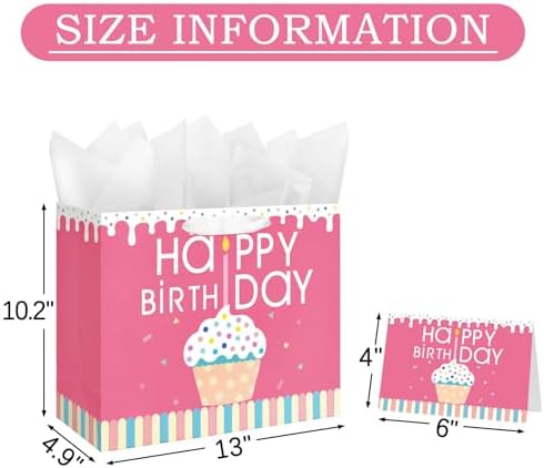 Bolsa de Regalo Laidans de 13 para Cumpleaños con Papel de Seda y Tarjeta para Niñas, Mujeres y Niños (Diseño de Cupcake) - imagen 2