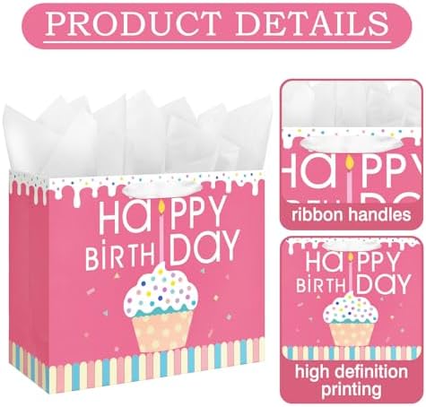 Bolsa de Regalo Laidans de 13 para Cumpleaños con Papel de Seda y Tarjeta para Niñas, Mujeres y Niños (Diseño de Cupcake) - imagen 4