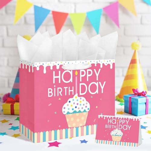 Bolsa de Regalo Laidans de 13 para Cumpleaños con Papel de Seda y Tarjeta para Niñas, Mujeres y Niños (Diseño de Cupcake) - imagen 5