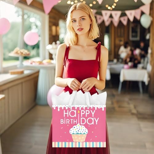Bolsa de Regalo Laidans de 13 para Cumpleaños con Papel de Seda y Tarjeta para Niñas, Mujeres y Niños (Diseño de Cupcake) - imagen 6