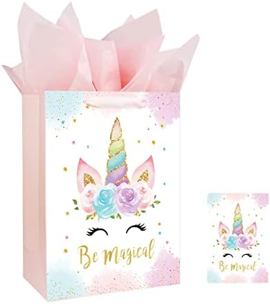 Bolsa de Regalo Grande de Unicornios de 13 para Cumpleaños y Baby Shower, con Tarjeta y Papel de Seda, Diseño Acuarela para Niña - imagen 1