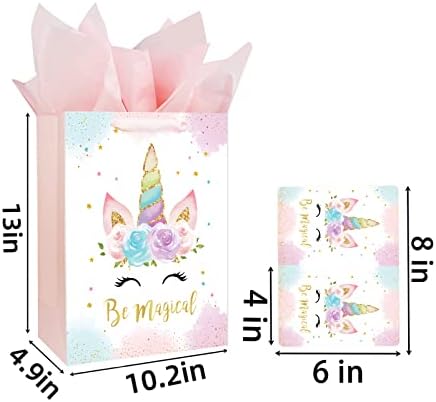 Bolsa de Regalo Grande de Unicornios de 13 para Cumpleaños y Baby Shower, con Tarjeta y Papel de Seda, Diseño Acuarela para Niña - imagen 2
