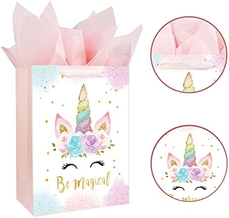 Bolsa de Regalo Grande de Unicornios de 13 para Cumpleaños y Baby Shower, con Tarjeta y Papel de Seda, Diseño Acuarela para Niña - imagen 3