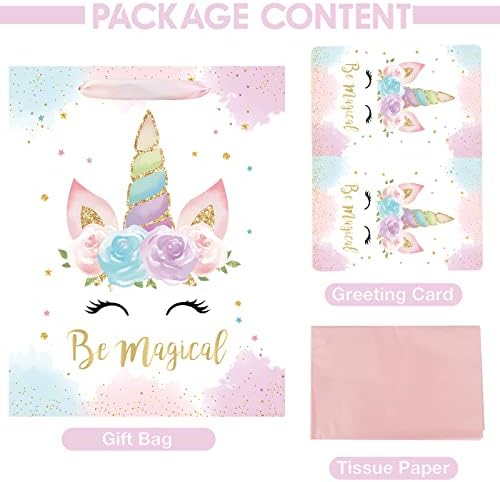 Bolsa de Regalo Grande de Unicornios de 13 para Cumpleaños y Baby Shower, con Tarjeta y Papel de Seda, Diseño Acuarela para Niña - imagen 4