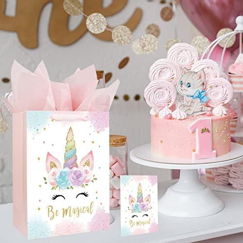 Bolsa de Regalo Grande de Unicornios de 13 para Cumpleaños y Baby Shower, con Tarjeta y Papel de Seda, Diseño Acuarela para Niña - imagen 5