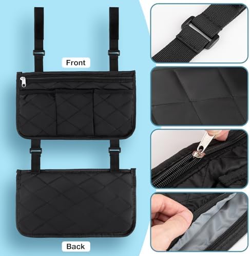 Bolsa Lateral para Silla de Ruedas Noverlife, 2 Paquetes, Negra, con Soporte para Taza, Impermeable, Organizador para Ancianos - imagen 3