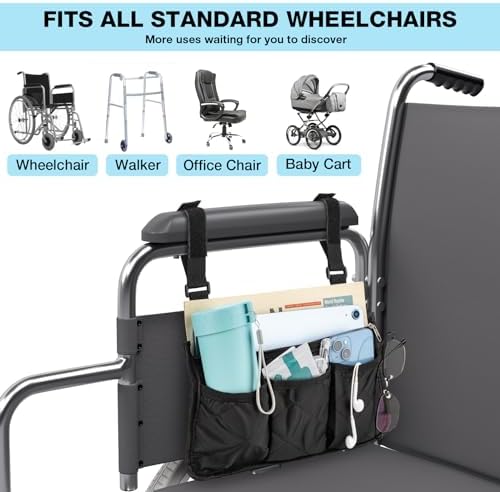 Bolsa Lateral para Silla de Ruedas Noverlife, 2 Paquetes, Negra, con Soporte para Taza, Impermeable, Organizador para Ancianos - imagen 5