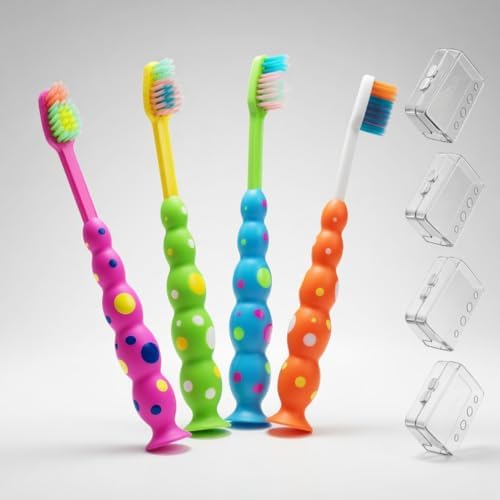 Cepillo de Dientes B Rush® para Niños y Niñas - Paquete de 4 - Cerdas Suaves y Base con Ventosa para Almacenamiento Divertido - Tamaño Infantil para - imagen 1