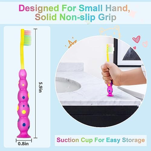 Cepillo de Dientes B Rush® para Niños y Niñas - Paquete de 4 - Cerdas Suaves y Base con Ventosa para Almacenamiento Divertido - Tamaño Infantil para - imagen 5