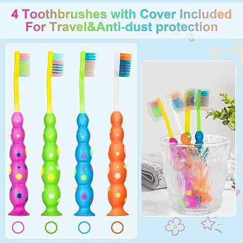 Cepillo de Dientes B Rush® para Niños y Niñas - Paquete de 4 - Cerdas Suaves y Base con Ventosa para Almacenamiento Divertido - Tamaño Infantil para - imagen 6