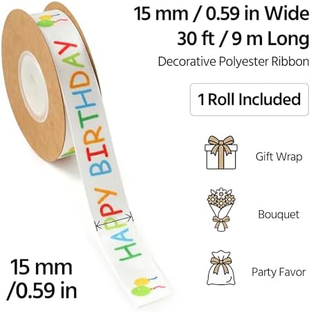 Cinta de Cumpleaños Feliz para Regalos, 15 mm x 30 ft, Cinta Blanca Impresa para Manualidades, Decoraciones de Fiesta, Ramos, Lazos y Mesas de Pastel - imagen 2