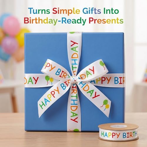 Cinta de Cumpleaños Feliz para Regalos, 15 mm x 30 ft, Cinta Blanca Impresa para Manualidades, Decoraciones de Fiesta, Ramos, Lazos y Mesas de Pastel - imagen 3