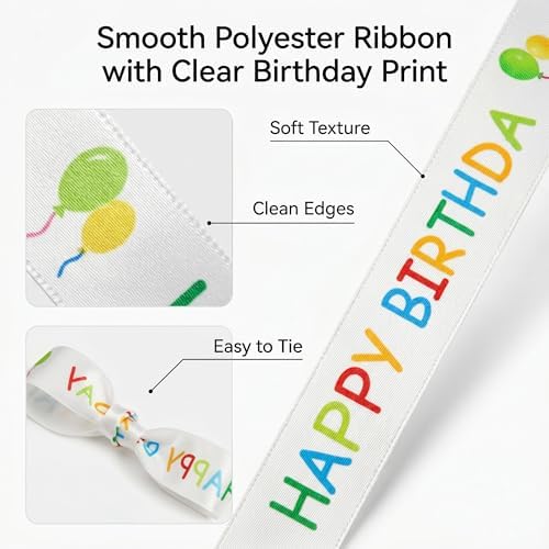 Cinta de Cumpleaños Feliz para Regalos, 15 mm x 30 ft, Cinta Blanca Impresa para Manualidades, Decoraciones de Fiesta, Ramos, Lazos y Mesas de Pastel - imagen 4