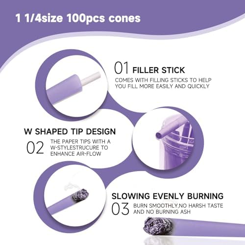 Paquete de 100 Conos Preenrollados Morados | Conos de Papel para Fumar Tamaño King de 108 MM con Cargador y Palitos para Empacar - imagen 4