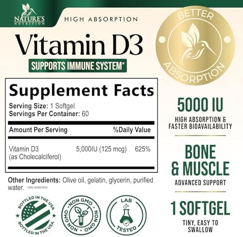 Vitamina D3 5000 UI 125 mcg por Porción - Suplemento Extra Fuerte para Huesos, Dientes, Músculos e Inmunidad - Alta Absorción - No GMO, Sin Gluten - - imagen 2