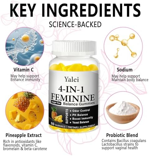 Yalei Gomas Premium 4 en 1 para el Balance Femenino y PH - Soporte Inmunológico y Olor Saludable - Veganas, No GMO - Piña Hawaiana, 60 piezas - imagen 4