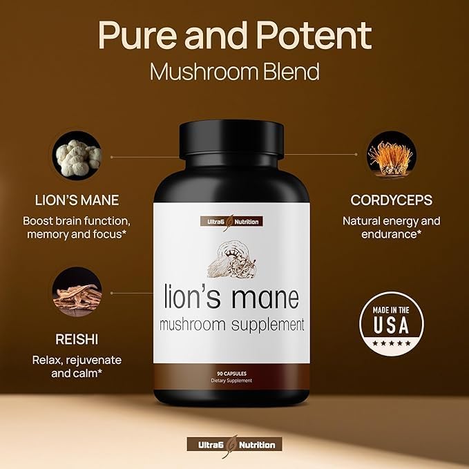 Cápsulas Orgánicas de Melena de León Ultra6 Nutrition - Suplemento con Reishi y Cordyceps para Salud Inmunológica y Cognitiva (90 Cápsulas Veganas) - imagen 2