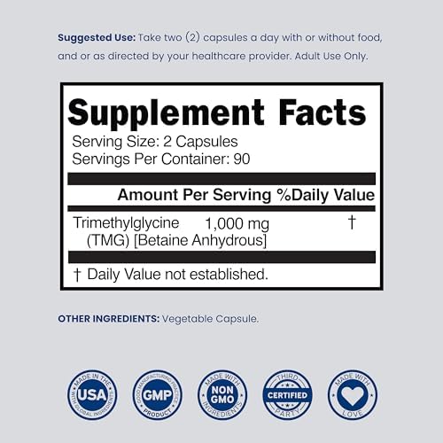 Suplemento de Trimetilglicina TMG 1,000mg por Porción (Suministro de 3 Meses) - Control de Homocisteína - Betaína Anhidra - Vegano, Tercera Parte - imagen 6