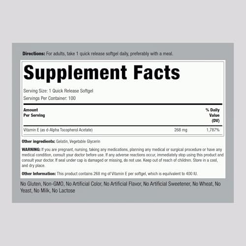 Cápsulas de Vitamina E 400 IU Piping Rock | 268mg | 100 Piezas | D-Alfa Tocoferol | Suplemento No GMO y Sin Gluten - imagen 2