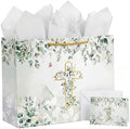 Bolsa de Regalo GFInYHM para Bautizo con Tarjeta y Papel de Seda, Set de 13 con Cruz de Foil Dorado y Hojas de Eucalipto para ra Comunión, Bautizo, - imagen 1