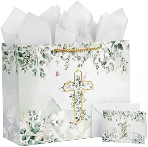 Bolsa de Regalo GFInYHM para Bautizo con Tarjeta y Papel de Seda, Set de 13 con Cruz de Foil Dorado y Hojas de Eucalipto para ra Comunión, Bautizo, - imagen 1
